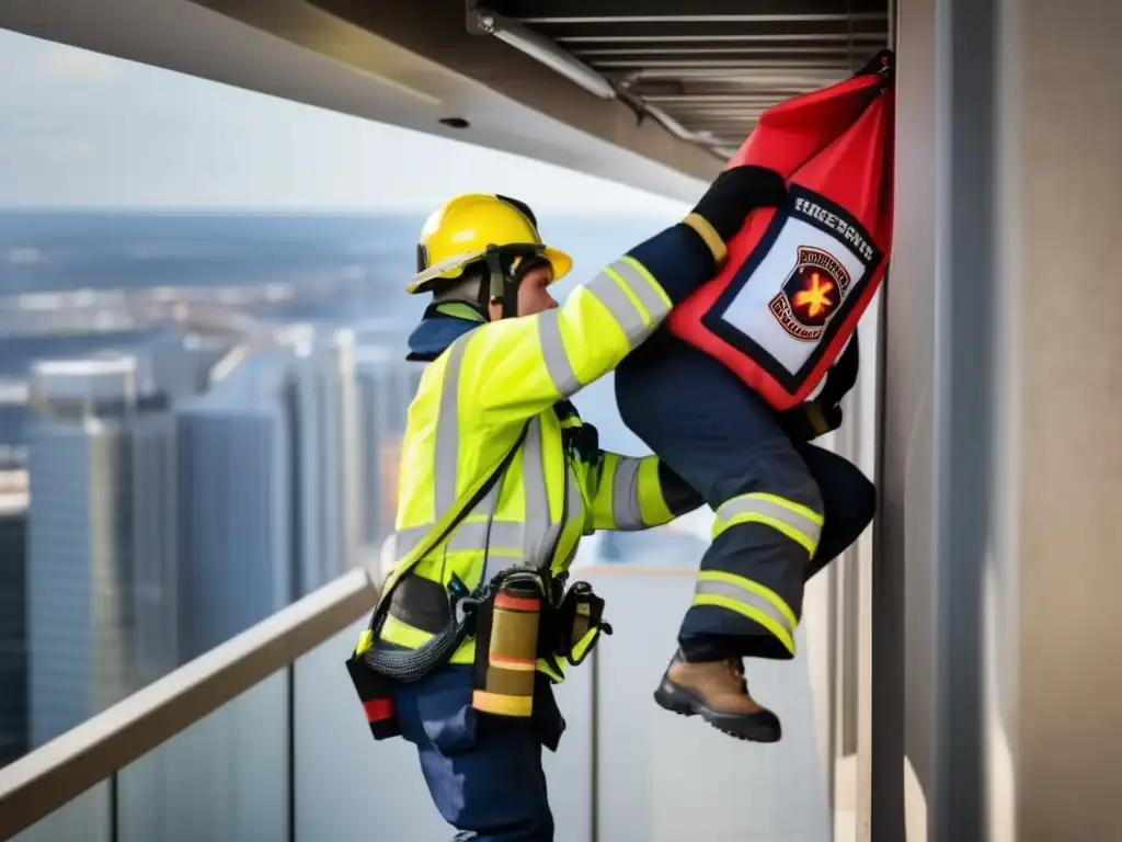 Dash: A cinematic shot of a firefighter desperately throwing a colorful, textured, and sizeable rescue throw bag to a person in peril on a cliff, capturing the intense concentration and quick thinking required in such a dangerous situation