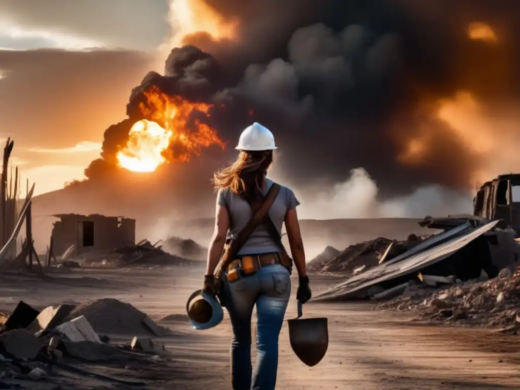 A determined woman faces a barren, smoke-filled landscape after a hurricane