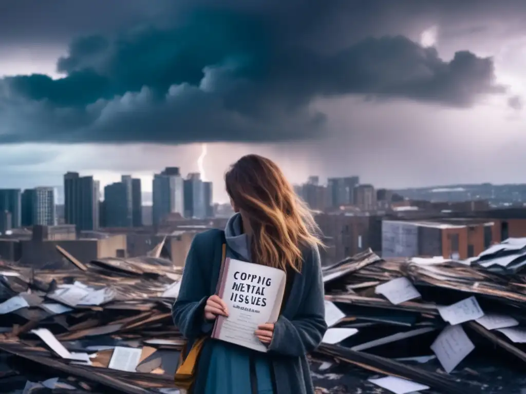 A young woman stands alone amidst destruction, journal in hand