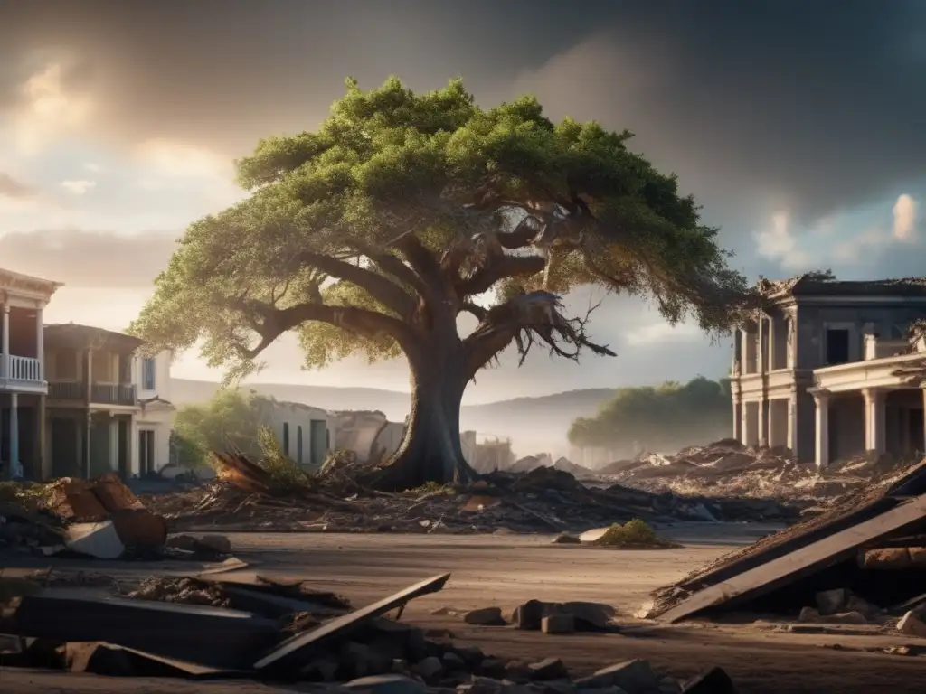 In the aftermath of devastation, a lone tree stands tall amidst the wreckage, symbolizing the resilience of nature in the face of adversity