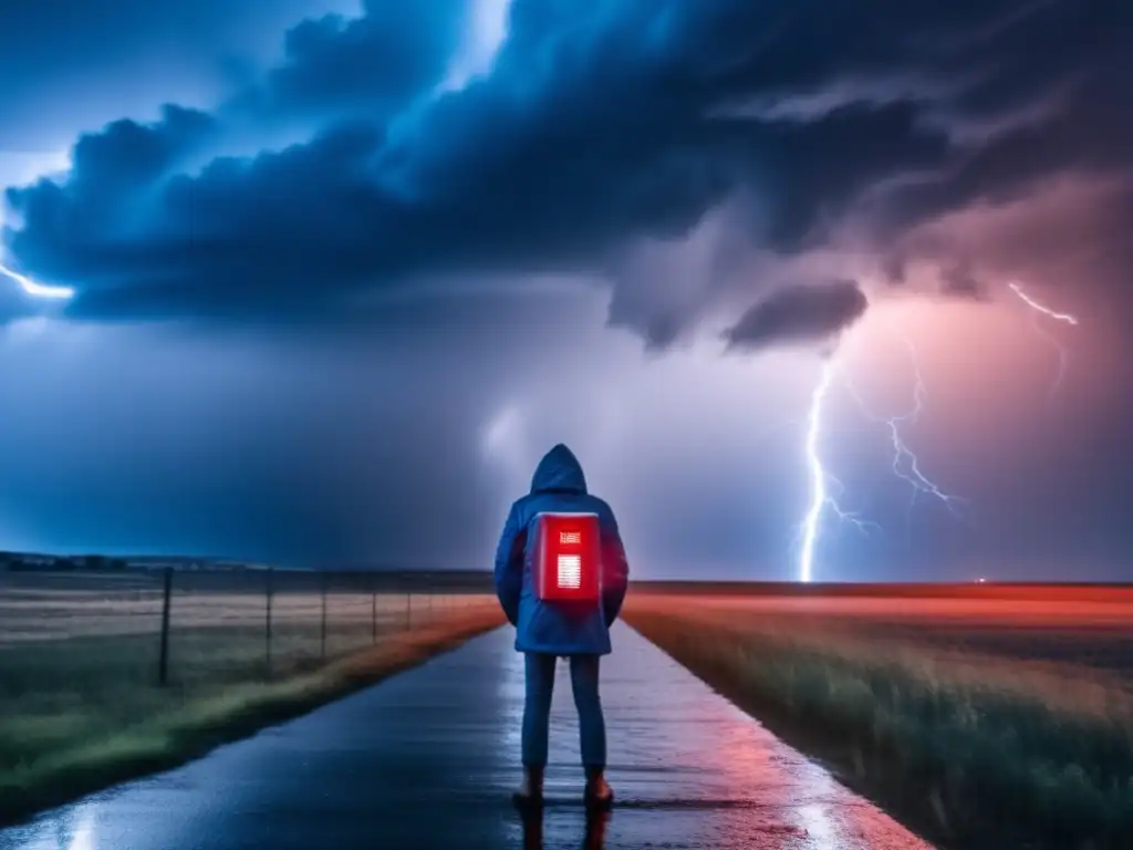 Amidst the chaos of a storm, a lone figure stands tall, shielded by a generator as rain lashes their face