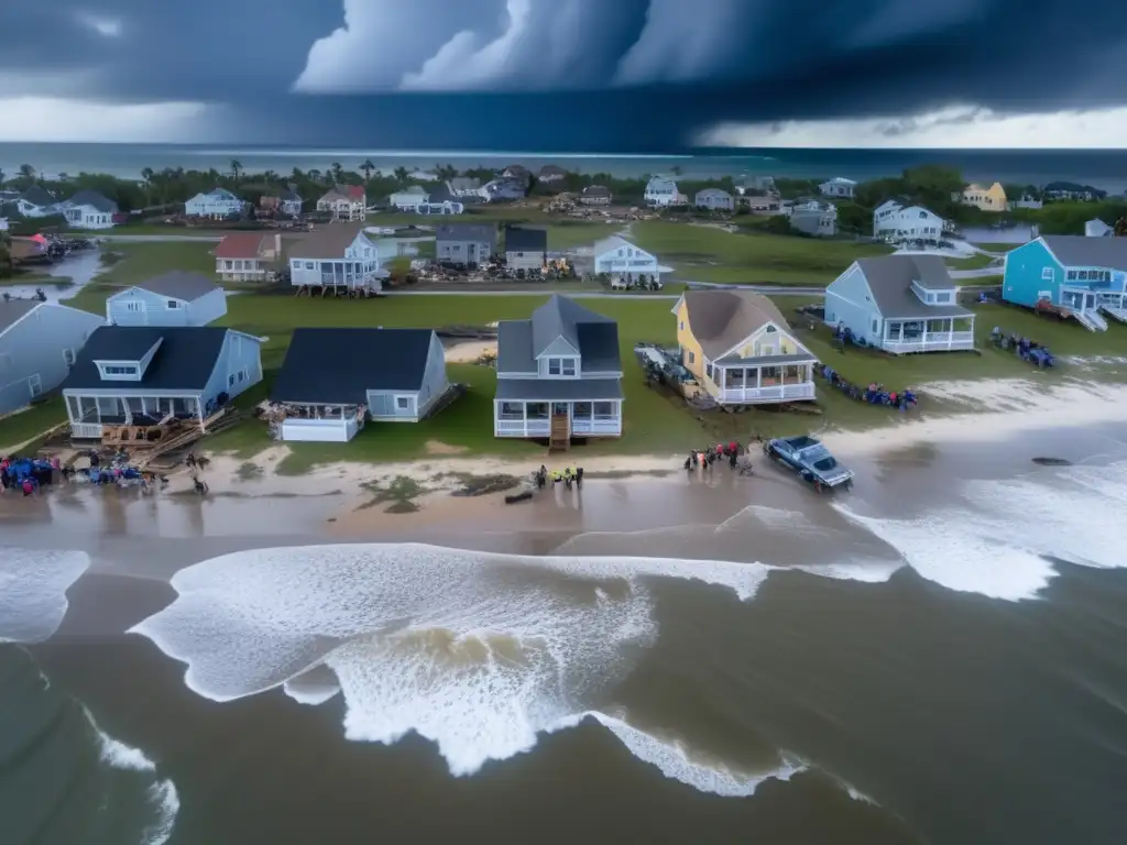 A powerful and poignant aerial view of a hurricane-devastated coastal town, with storm clouds brewing overhead and waves crashing against the shore