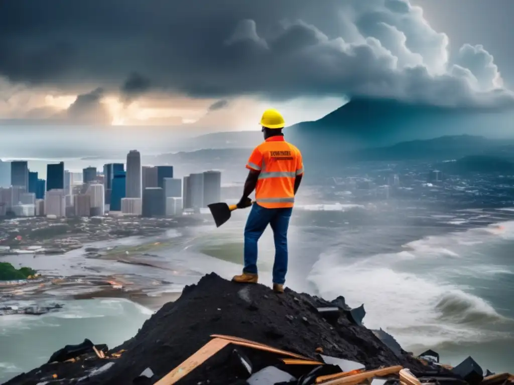 A person atop a mountain, with the ocean and sky in the background, surveys the city below, ravaged by a hurricane