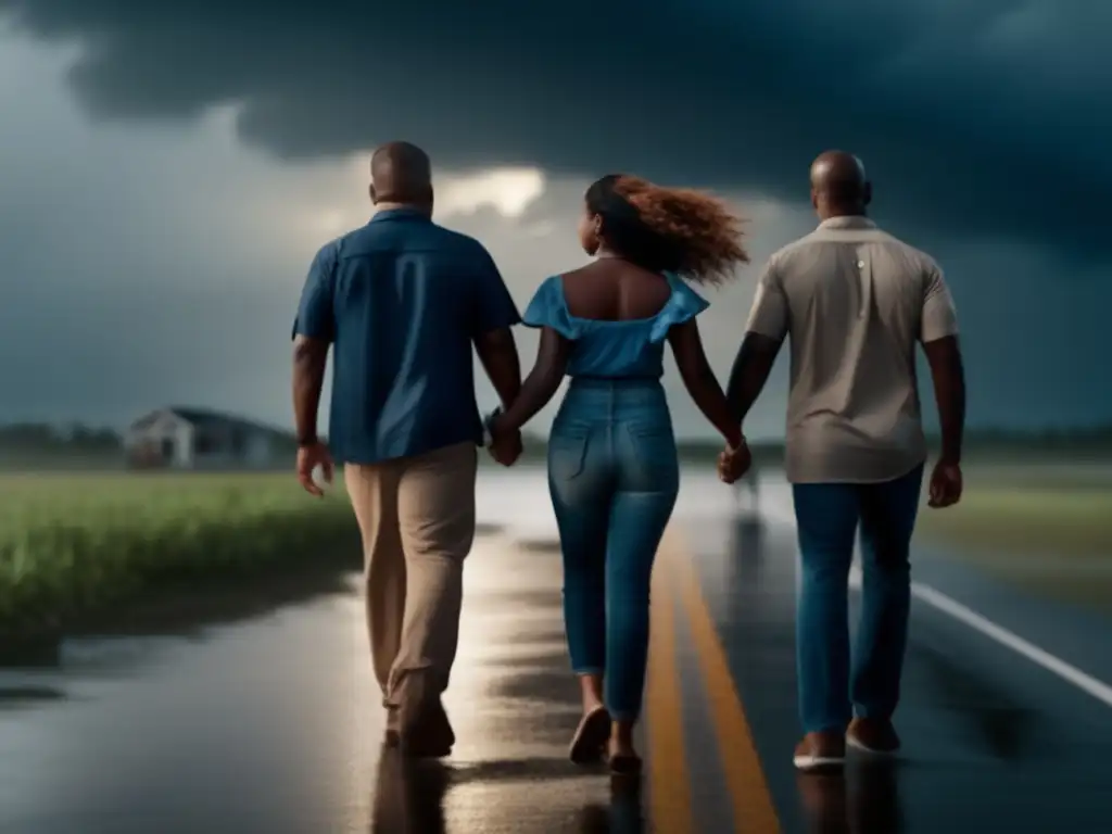 A group of survivors holding hands, walking towards a brighter horizon, fleeing a stormy past