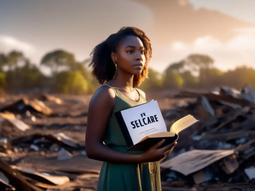 A young woman surrounded by destruction in the aftermath of a hurricane holds a book representing selfcare as her source of comfort and hope