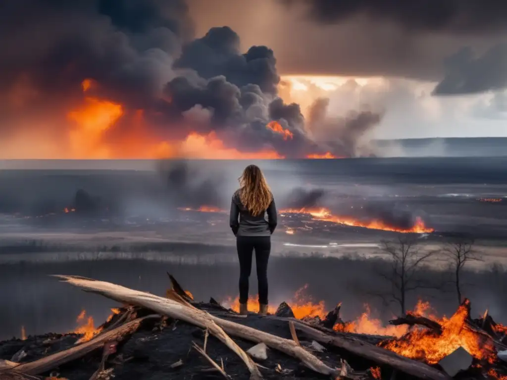 A woman stands resolute on the edge of chaos, gazing out at a devastated land