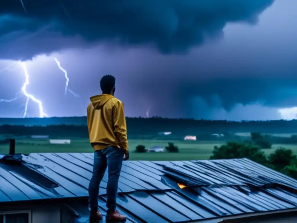 A stormy scene of resilience: A person stands on rooftop, staring out at lightning-dotted sky, while a rising flood threatens their home