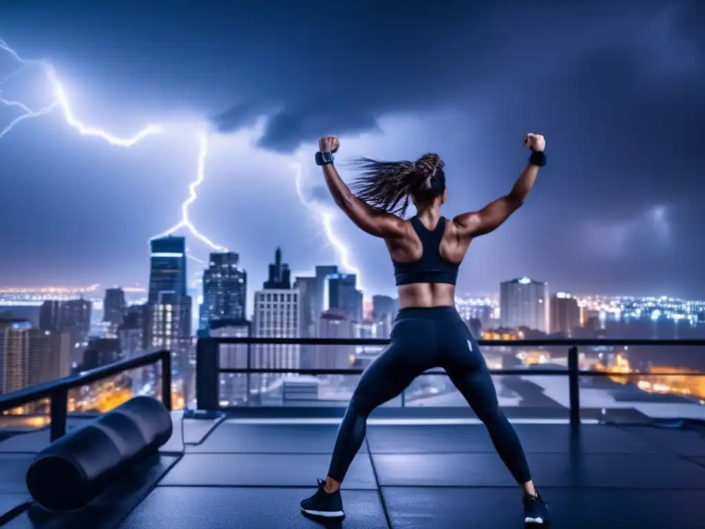 A woman in black workout attire fearlessly stands alone on a rooftop during a hurricane, flexing her arms as if holding up the city against the storm