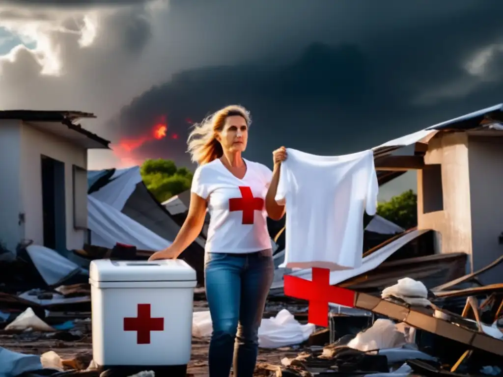 Amidst the debris from the hurricane, a resilient woman with a red cross emblem stands tall, washing clothes by hand in a portable machine