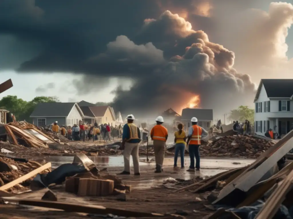 A moving cinematic style image showing the resilience of a small town devastated by a hurricane