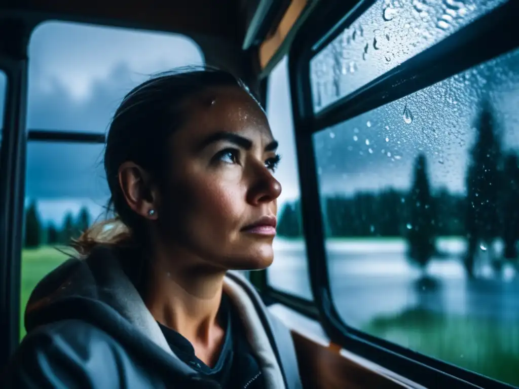 Determined traveler gazes out at stormy sky from RV window, surrounded by swaying trees and raindrops on glass