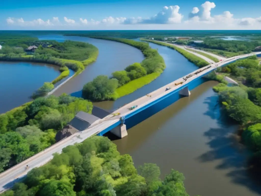 Resilient community rebuilding bridge after hurricane, lush greenery surrounding, progressing