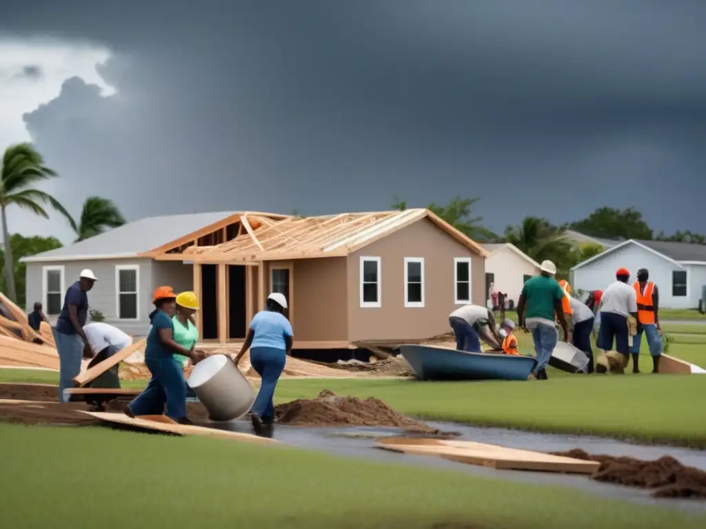 Rebuilding strong: A diverse group of dedicated individuals tirelessly rebuilding their homes and communities after a devastating hurricane