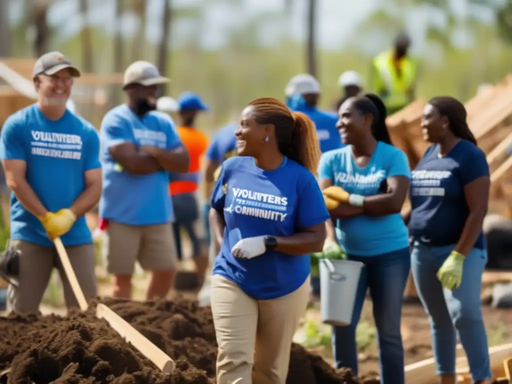 A stunning 8k ultra-detailed image of volunteers gathered together, braving the scorching sun to rebuild a community ravaged by a hurricane