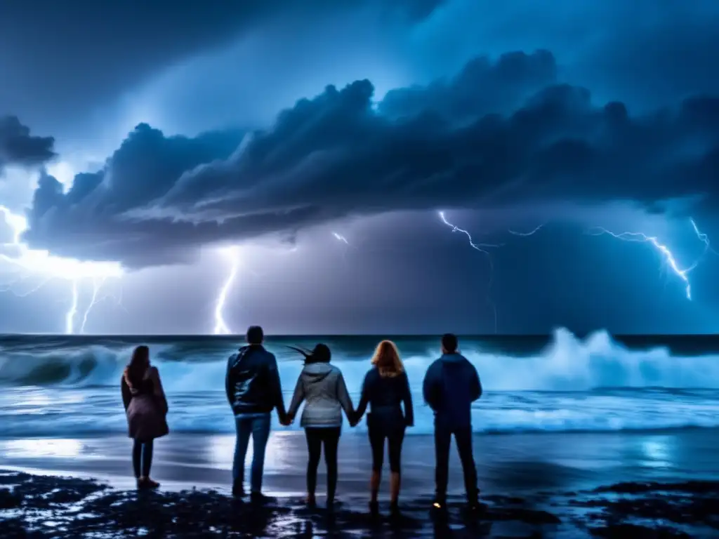 A group of people holding hands on a stormy shoreline, amidst flashing UFOs and lightning strikes, while wave action threatens to swallow them whole