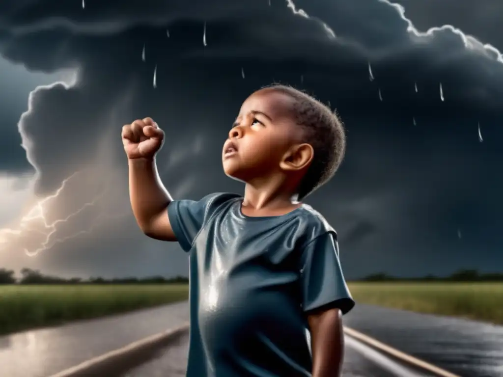 Amidst the stormy sky, a resilient child raises their fist, defying the adversity