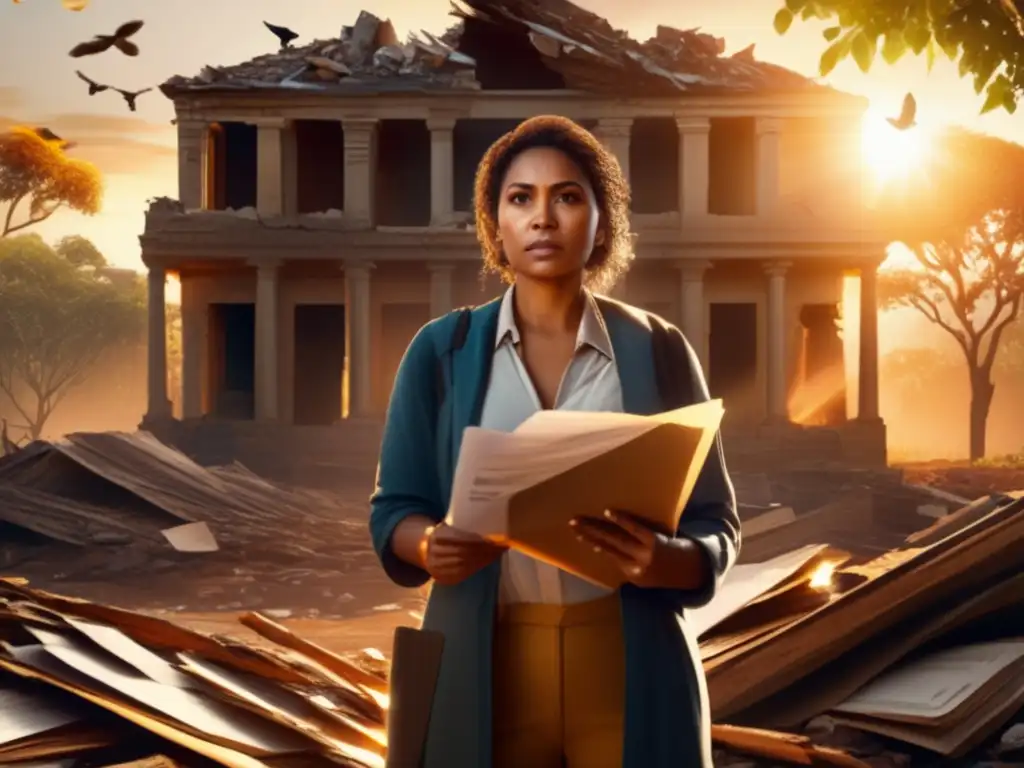 A determined woman stands amidst the ruins of her home, holding a stack of important documents, bathed in the golden light of the shining sun