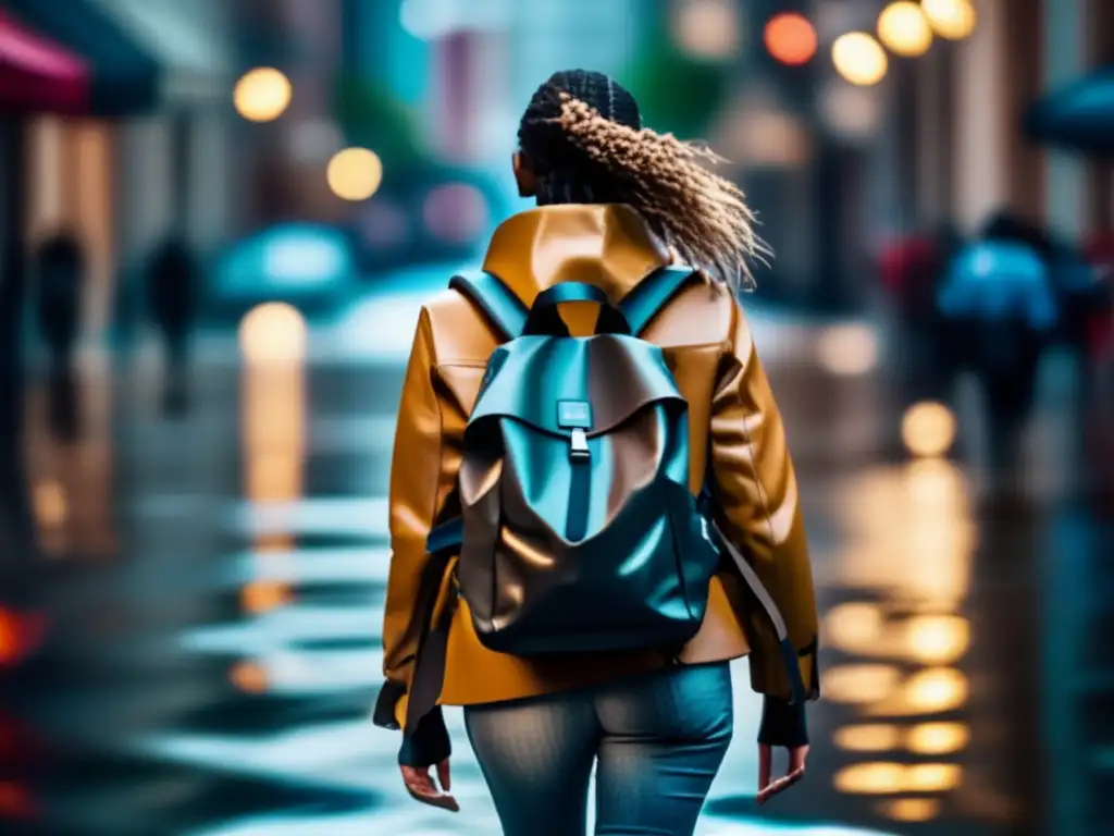 A woman bravely traverses a flooded city street in tall boots and a backpack, exuding determination and resilience as she forges ahead with purpose