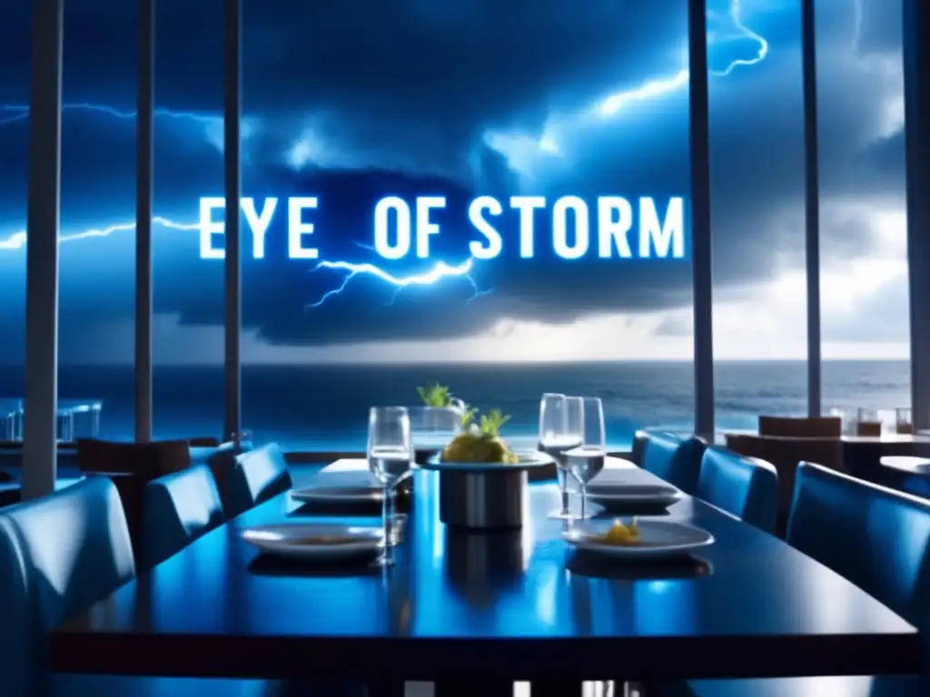 A captivating cinematic restaurant background with an intense still from The Eye of the Storm (2012) at the center