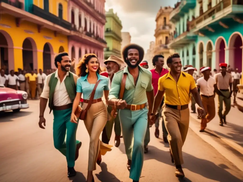 A group of revolutionary fighters, hand in hand, walk towards cameras with determination and joy on their faces in the colorful and bustling streets of Havana, surrounded by vintage automobiles and colorful buildings