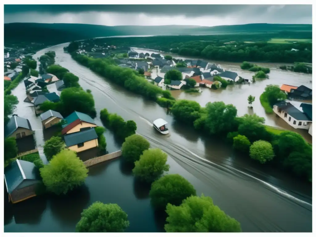 A serene river flows alongside a busy town, casting a shadow over the city with heavy rain clouds