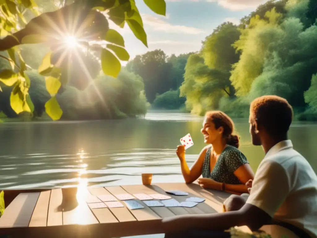 A peaceful river scene flanked by tall trees, with a deck of cards floating on calm waters