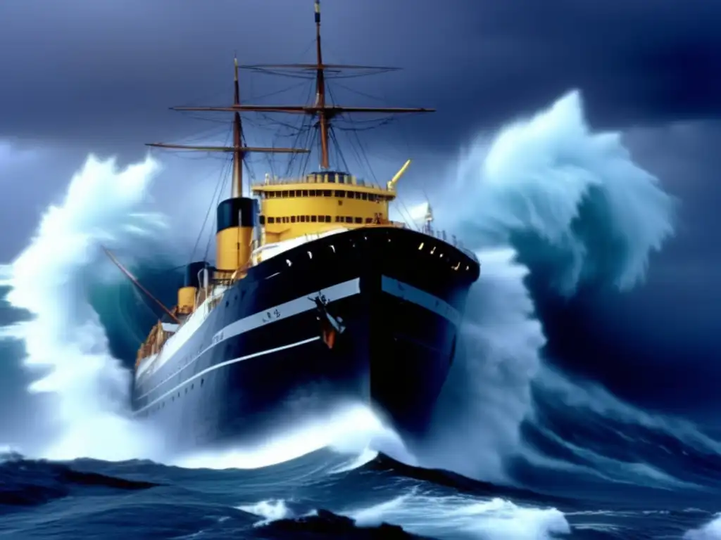 Amidst the storm, the RMS Rhode Island braves massive waves, its crew fighting for survival as the ship's hull creaks in protest-