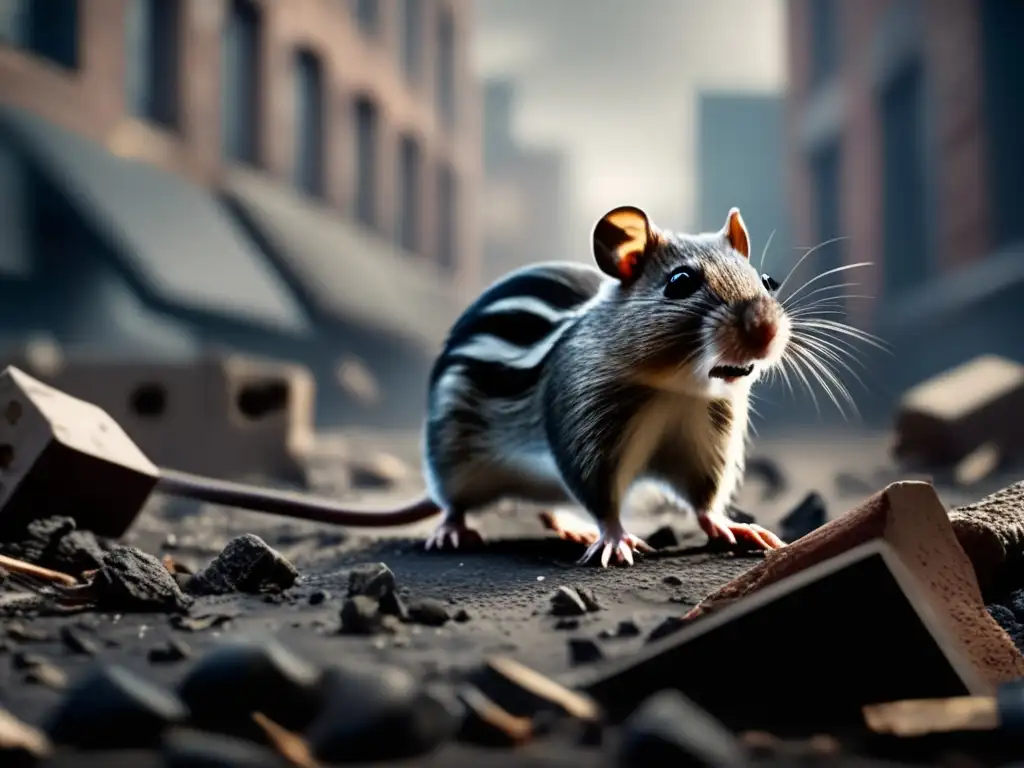 A cinematic-style image of rodents navigate the storm-ravaged city, with a focal point on a brave mole