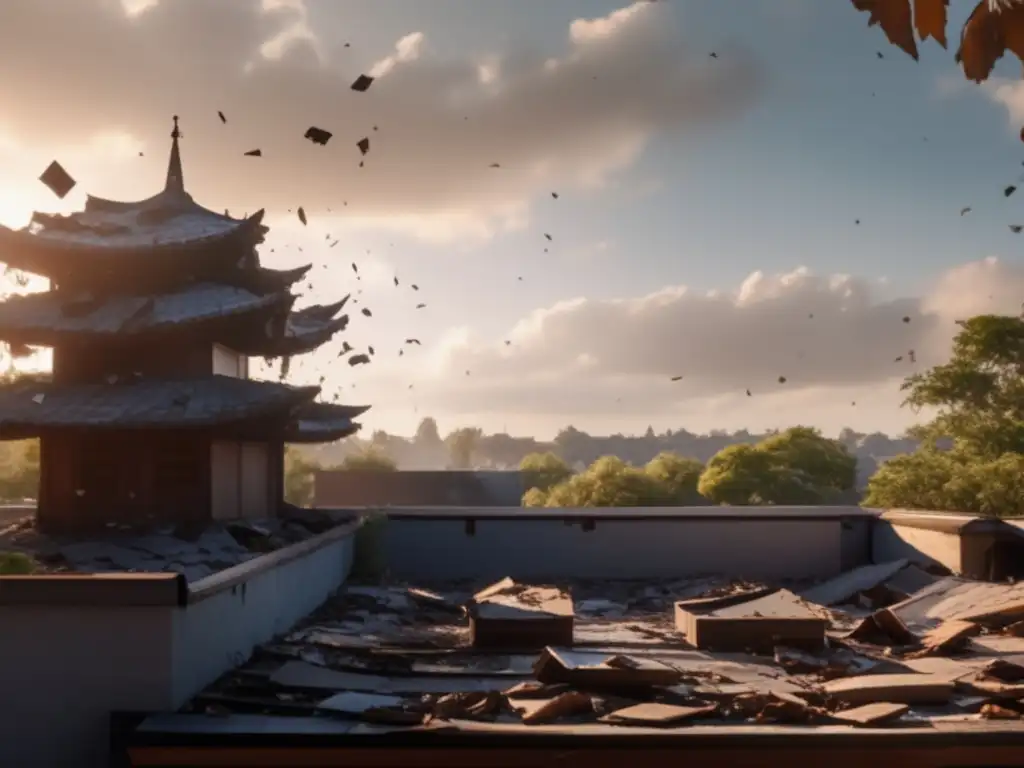 A hauntingly beautiful rooftopscape featuring shredded tiles and debris, bathed in soft evening sunlight