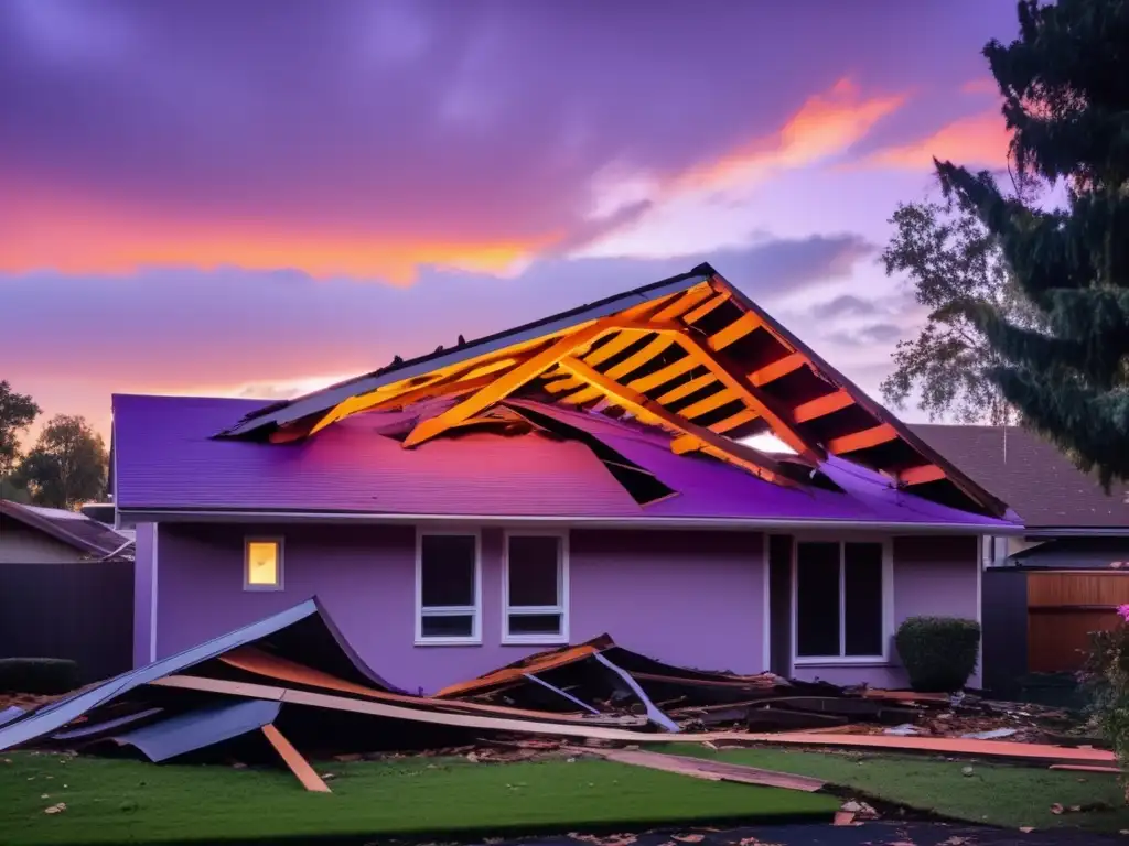 A fallen roof in a residential suburb, bathed in the orange- pink- purple sky at sunset, creating a cinematic effect