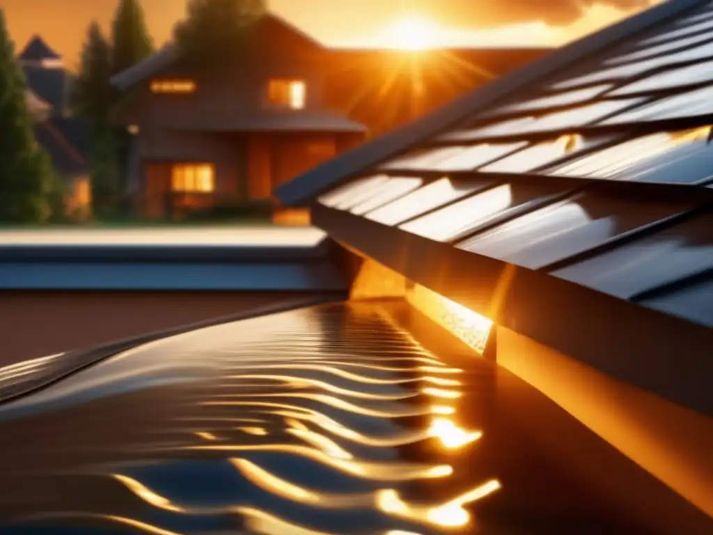 A leaky roof diverts water away from a house's foundation, illuminated by the golden rays of the sun setting in the background