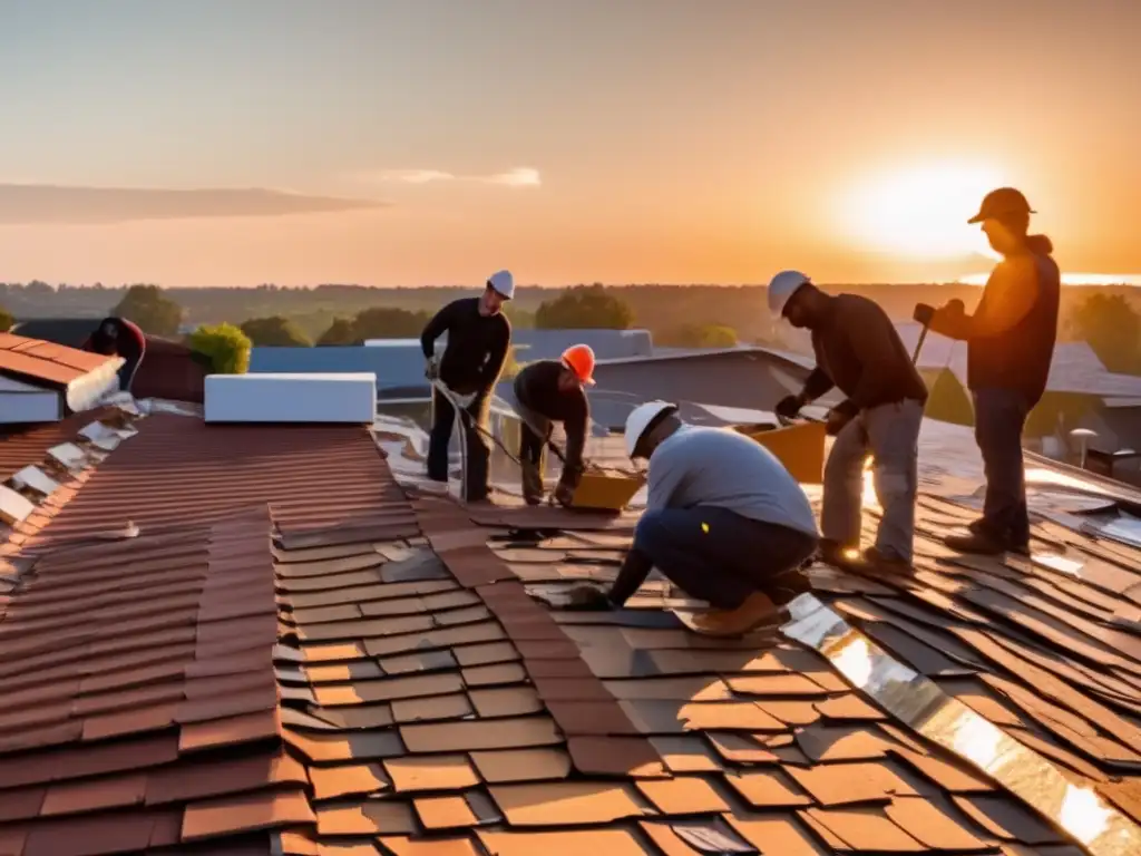 A dramatic image of skilled roofers repairing a damaged roof at sunset