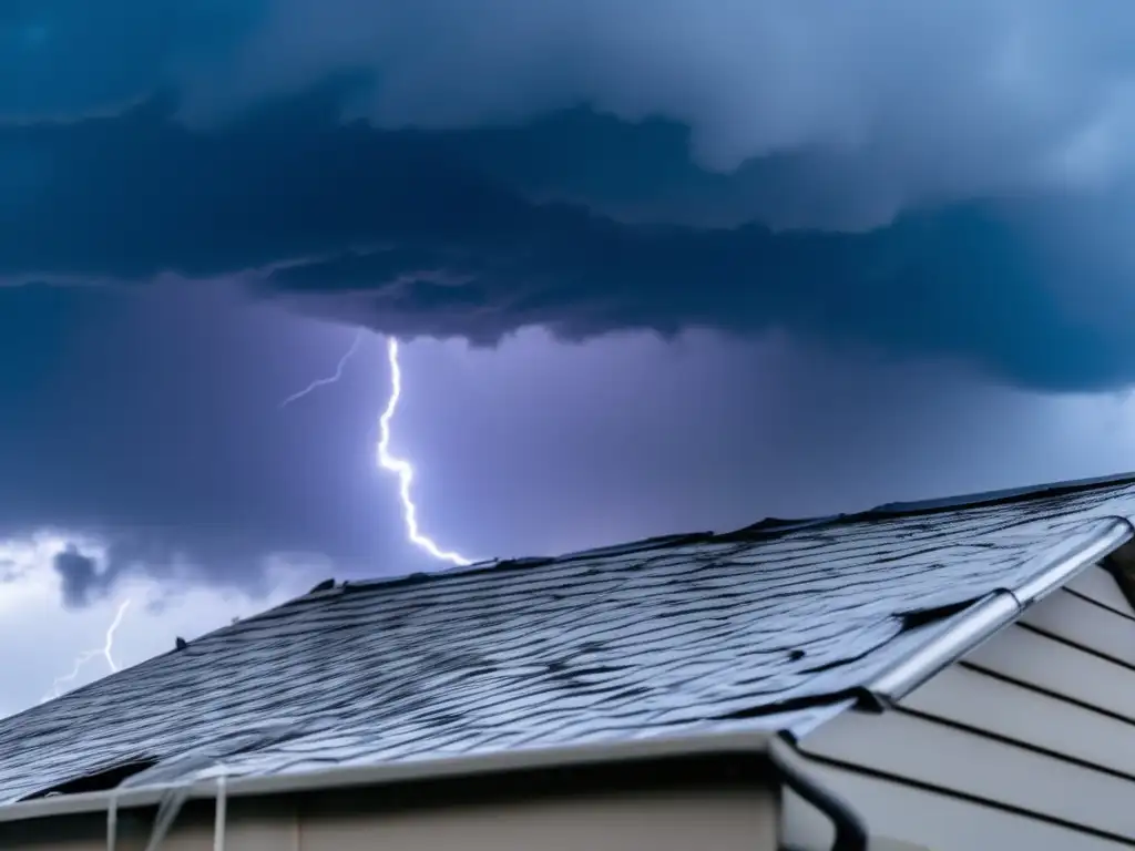 A weathered tarp drapes a damaged roof with leaks in the foreground, surrounded by stormy skies with lightning in the background