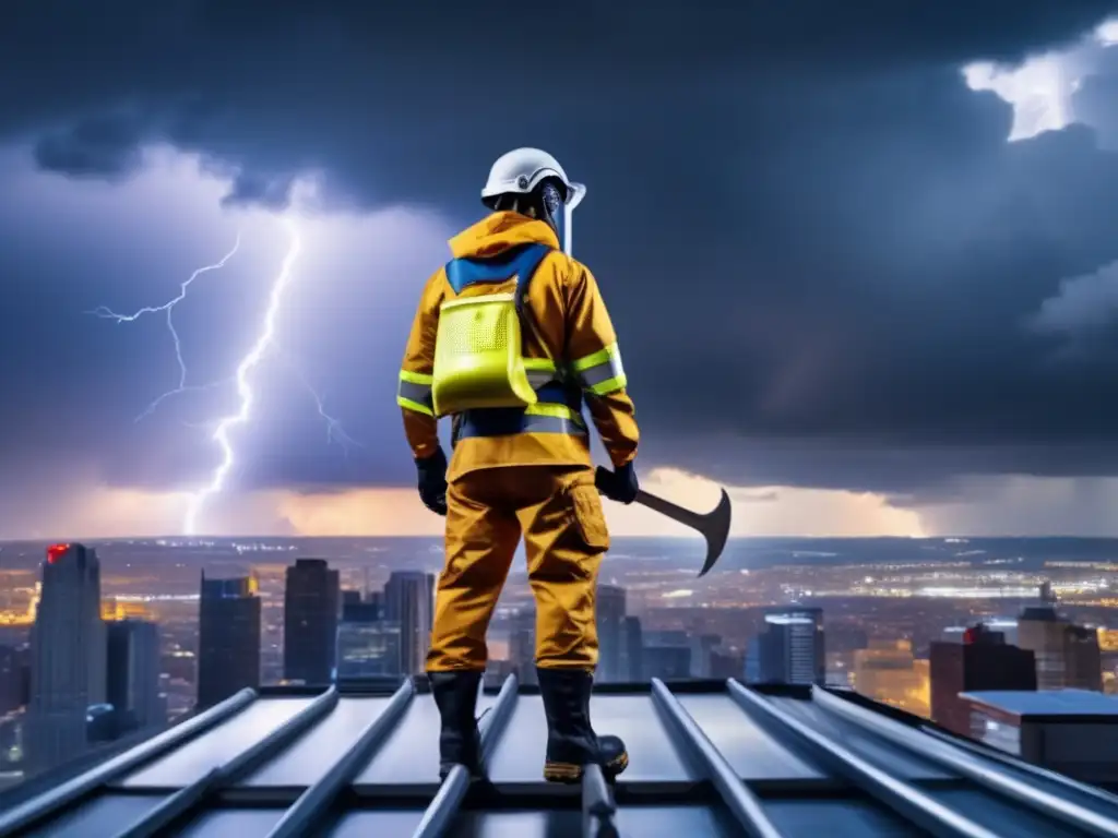 A gripping image captures a person bravely repairing a complex roof, illuminated by lightning in the background