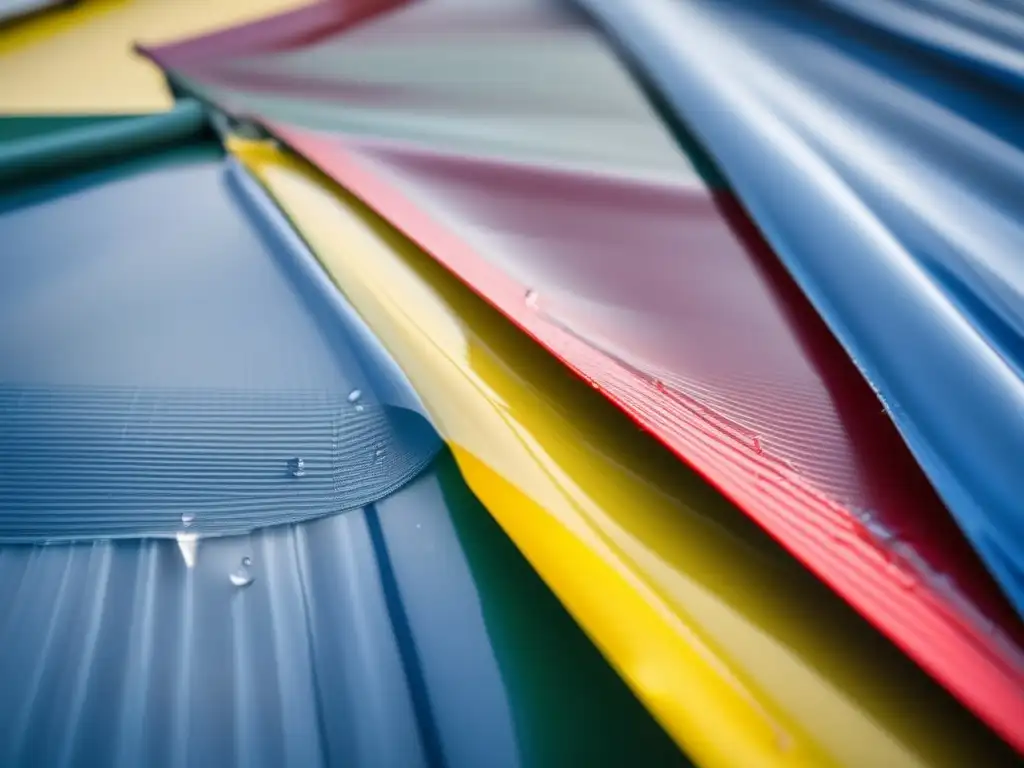 In this closeup shot, plastic sheeting materials in various colors cover a leaking roof