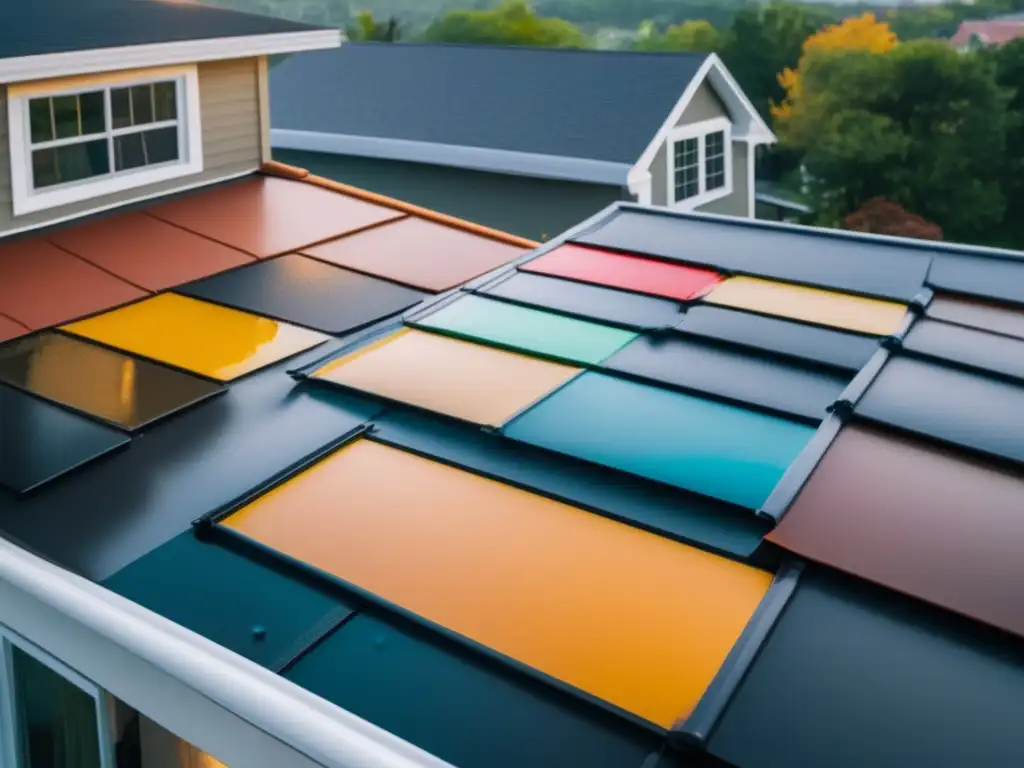 A breathtaking aerial view of a residential rooftop, featuring a kaleidoscope of colorful roof sealants and patch kits in action