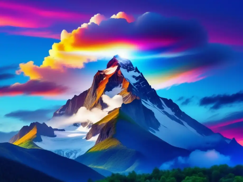 A triumphant beacon atop a majestic peak, radiating brightness amidst a grand sky of vibrant hues and fluffy white clouds-