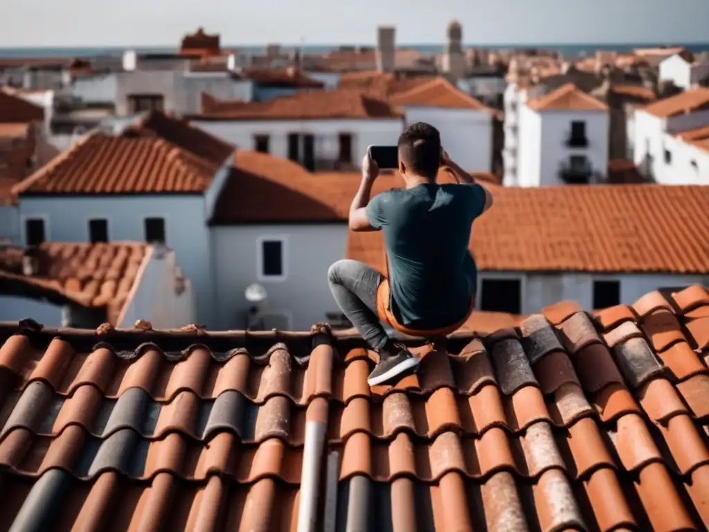 Dash: Person on roof, smartphone in hand, documenting ancient, at-risk roof tiles atop urban cityscape, amidst a stormy sky