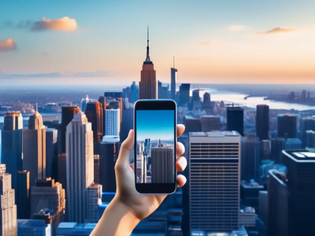 A person standing on a bustling city roof, gazing at a group of people gathered around their mobile device, holds it high with both hands