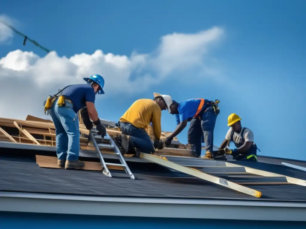 Roof repair team hard at work to fix hurricane damage with clear blue sky in background