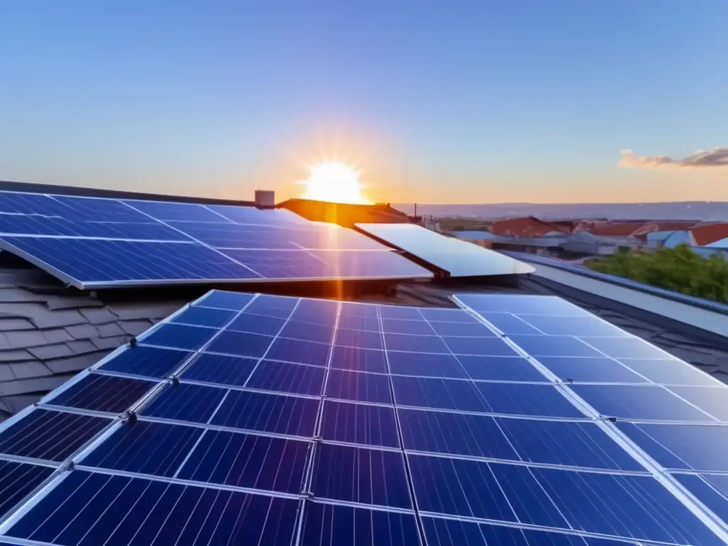 Solar panels installed diagonally on rooftop with chimney and skylight, coexistence of modern tech and traditional architecture