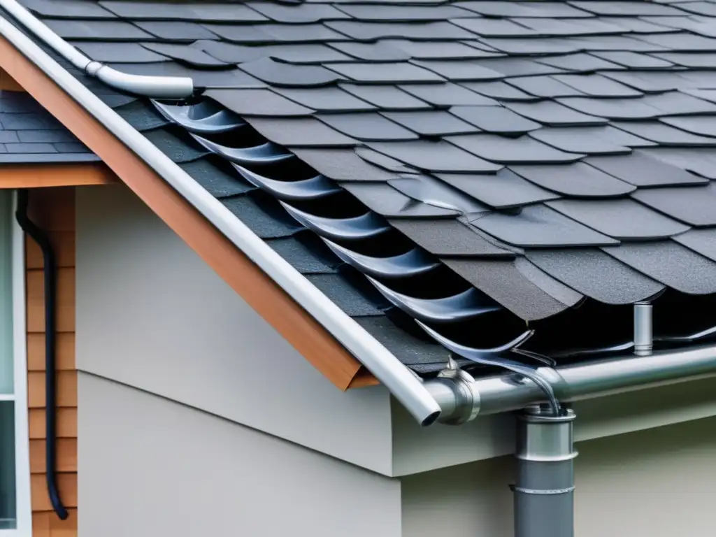 Dash:, a stunning aerial view of a rooftop equipped with , designed to seamlessly collect and route rainwater from various roof materials, including shingles and tiles, into a series of diverter pipes that lead to a storm drain or features