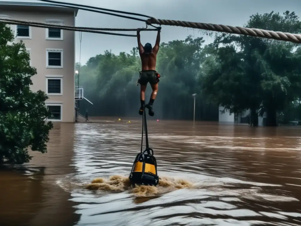 A person dangling from a rope ladder, waiting for rescue during a chaotic flood