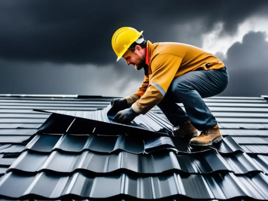 A vivid, high-resolution image of a man on a corrugated metal roof applying a temporary patch made of reinforced rubber membrane material