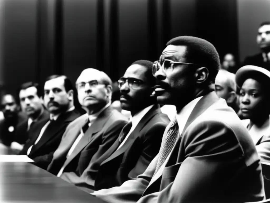 Black and white photograph of Rubin Carter in court, surrounded by anxious onlookers