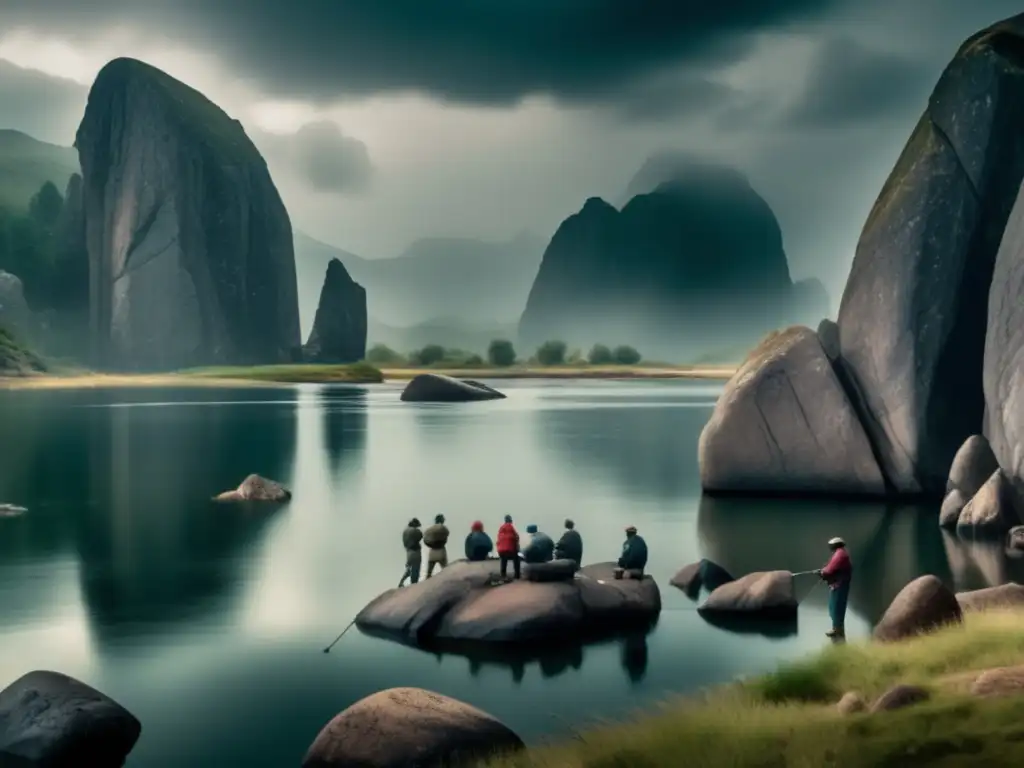 A cinematic style image of a rugged fishing lake with skilled fishermen trying to catch a giant fish