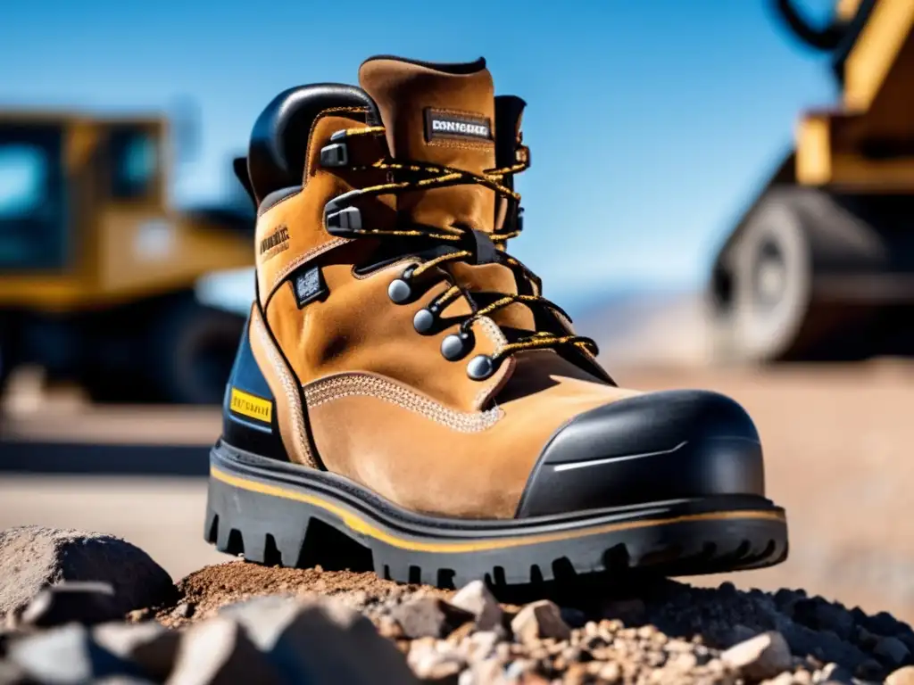 rugged work boots perched atop rocky terrain, surrounded by industrial machinery, convey strength and reliability with clear blue sky above