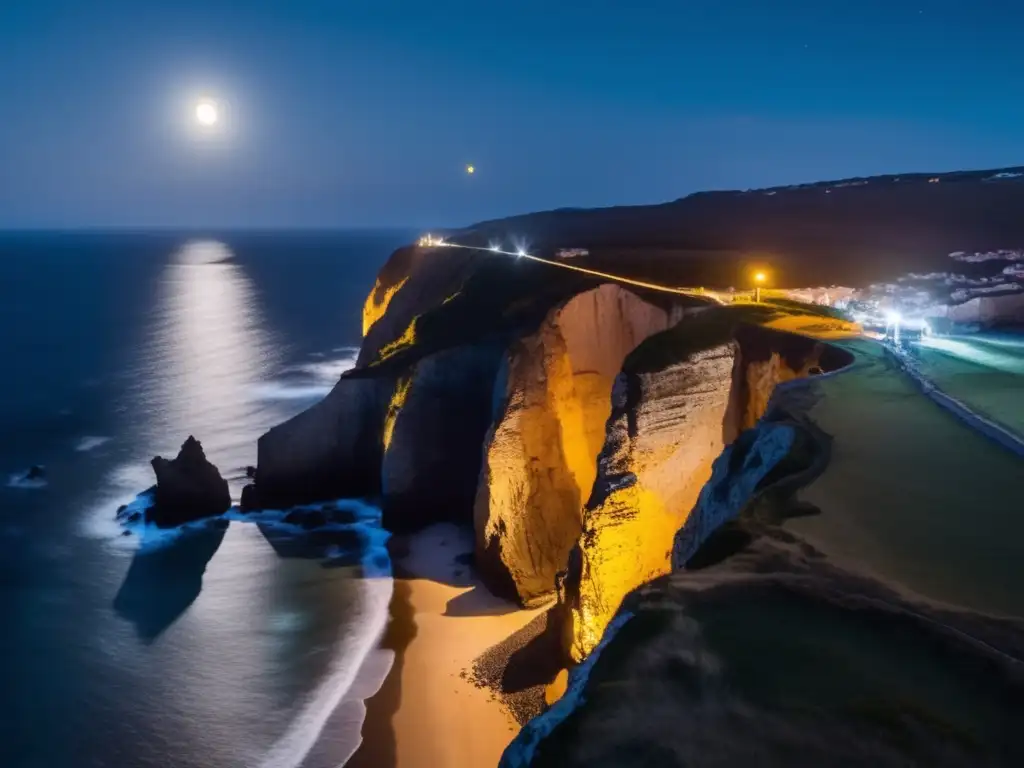 Drone inspection of a rugged coastal cliff at night, with waves crashing against rocks and a warm street light casting a yellow glow