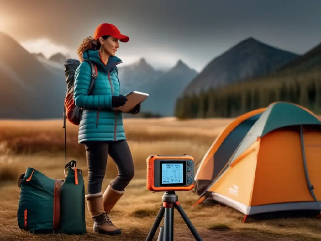 A rugged woman braves the elements with a portable weather station in hand, monitoring the camping site's conditions