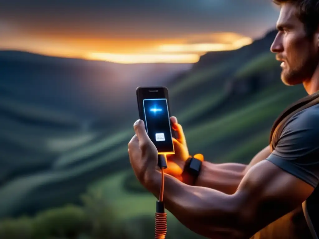 In rugged nature, a person holds a handcrank phone charger with cautious hands, tense arms, and focused eyes on the glowing phone screen